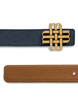 "EARTH & SKY" Reversible Meqnes Signature Belt 25 mm - Camel & Blue | Golden Buckle