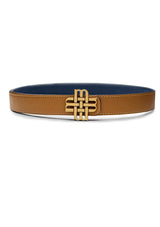 "EARTH & SKY" Reversible Meqnes Signature Belt 25 mm - Camel & Blue | Golden Buckle