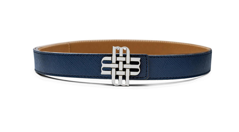 "EARTH & SKY" Reversible Meqnes Signature Belt 25 mm - Camel & Blue | Silver Buckle