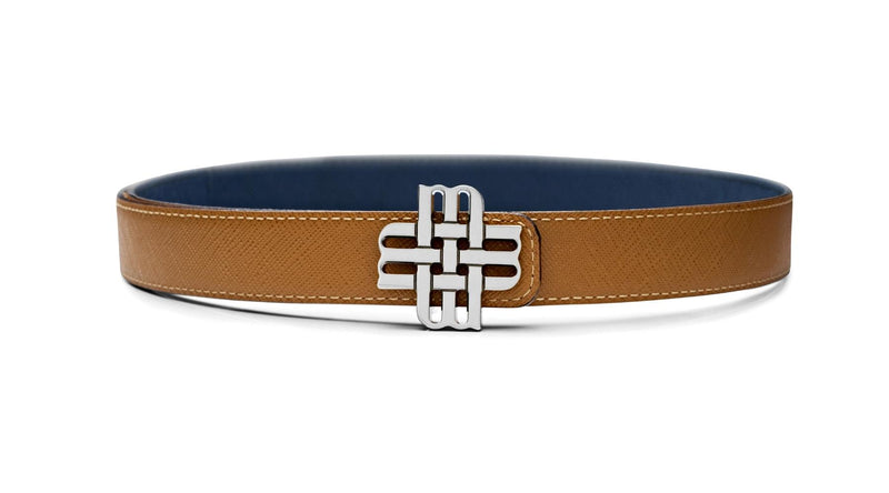 "EARTH & SKY" Reversible Meqnes Signature Belt 25 mm - Camel & Blue | Silver Buckle