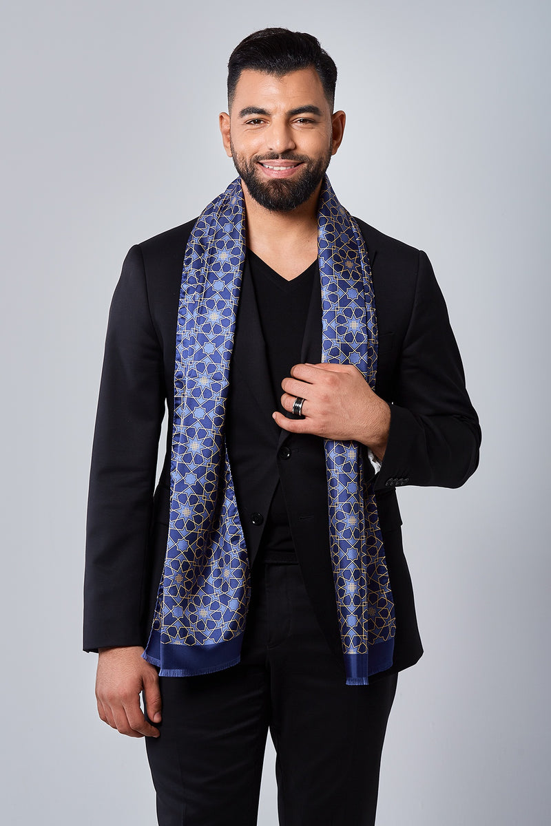 Gray Blue Paisley Mens Silk Scarf - Designer neck scarf for winters 